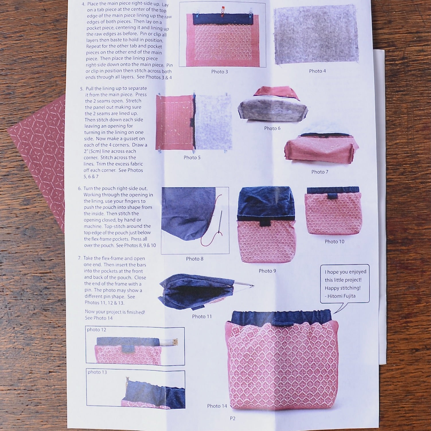 directions for making Sashiko Flex Frame Pouch Kit in Pink