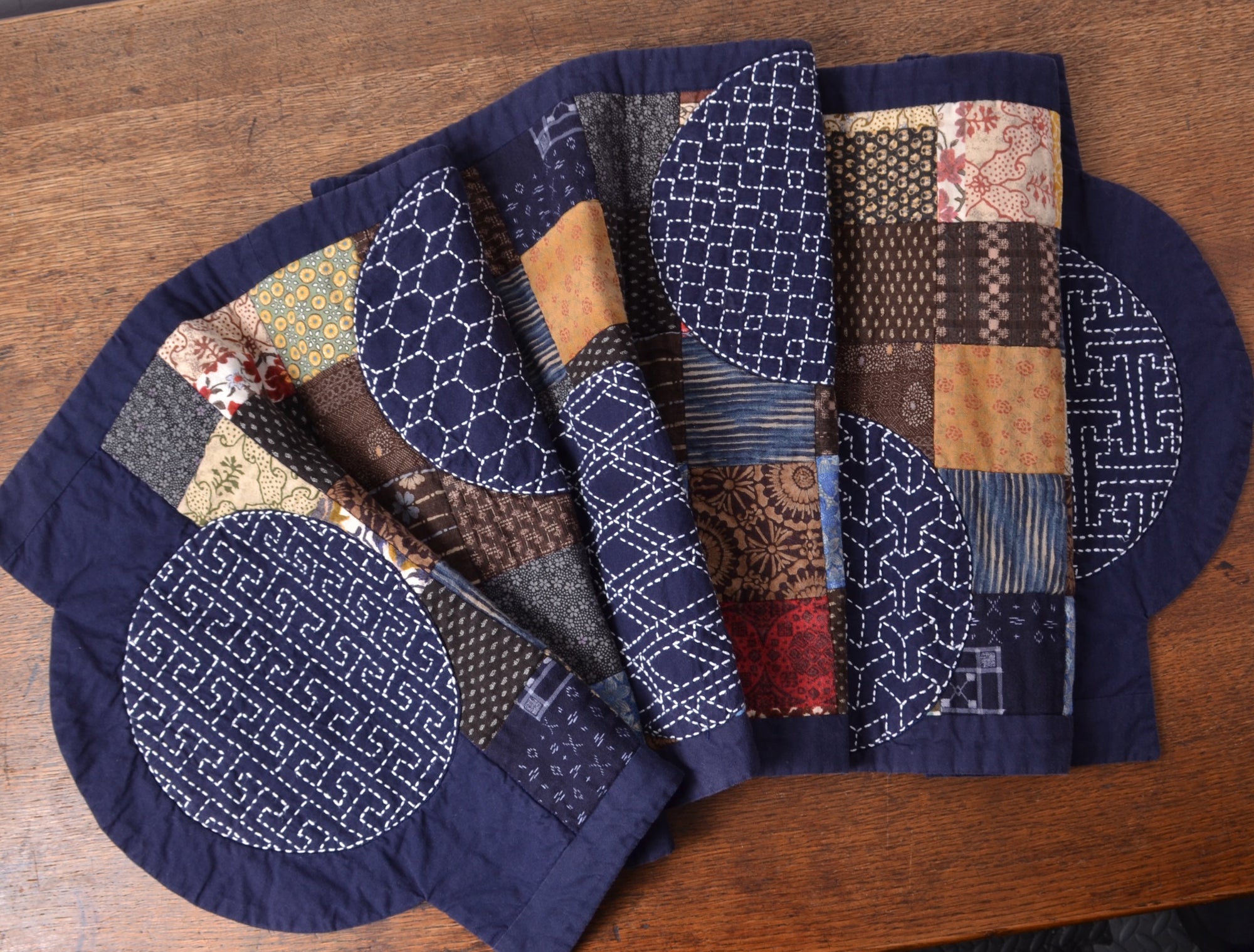 Sashiko & Pieced Table Runner, Six Sashiko Circles