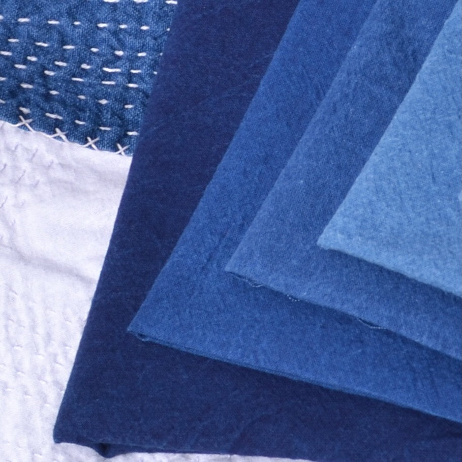 Natural Indigo Dyed Cotton Fabric, 4 Blues Pack